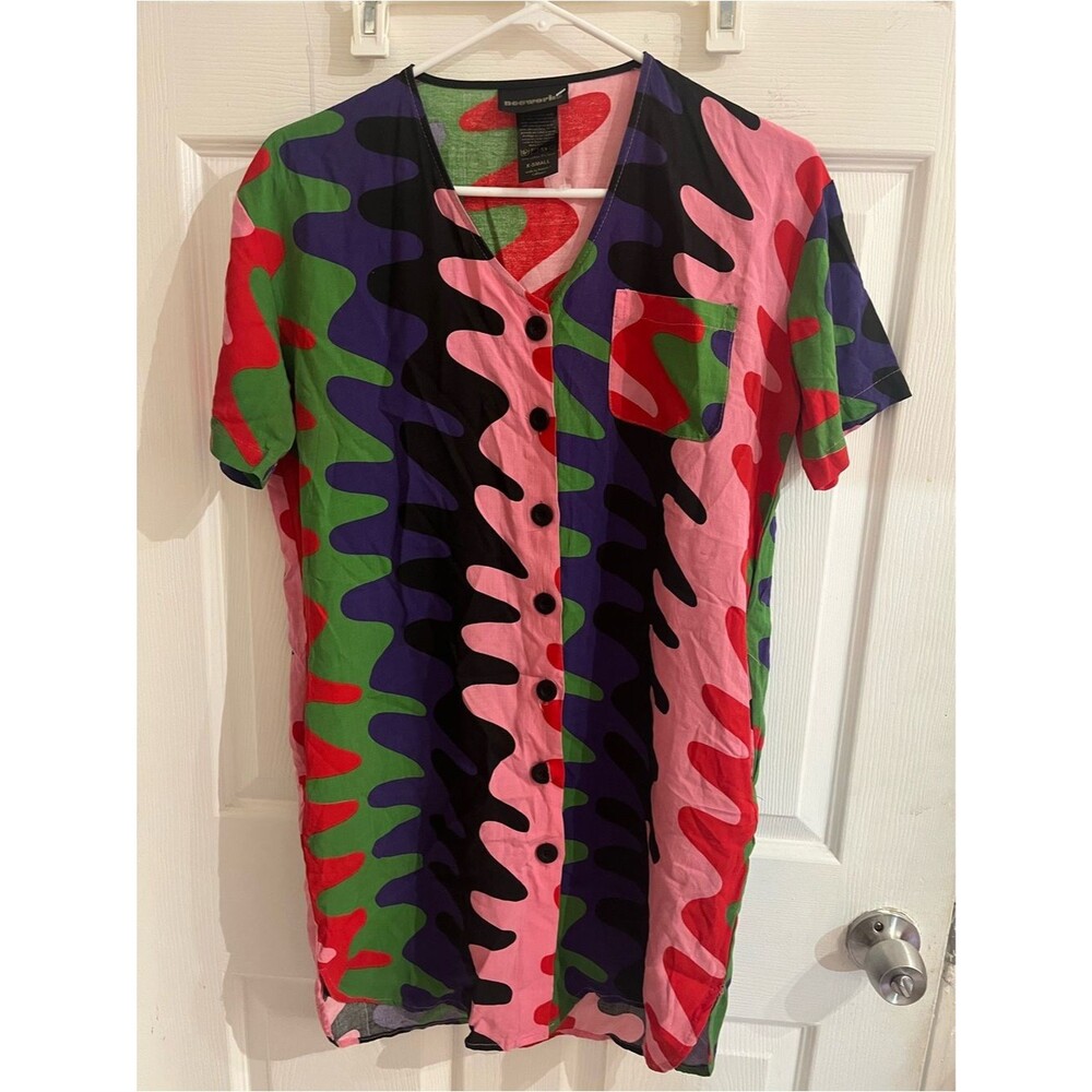 Nooworks Mini Shirt Dress Squiggle Static Tunic Button Front Short Sleeve sz XS